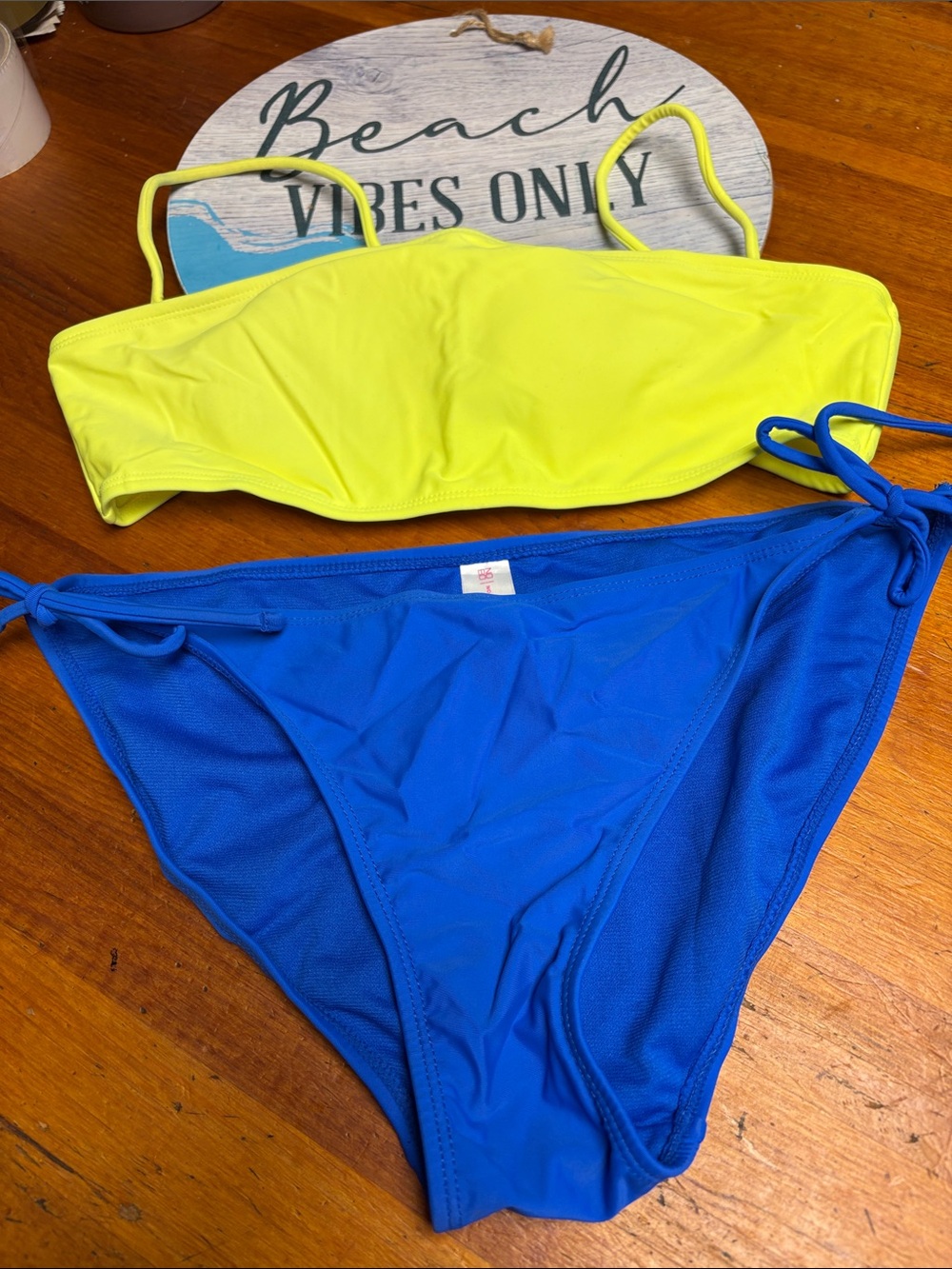 No Boundaries Yellow Bandeau Bikini Top with Blue Tie-Side Bottoms